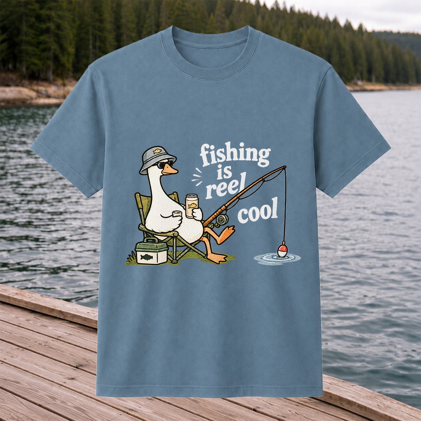 Fishing Is Reel Cool Funny Fishing Goose Graphic T-Shirt