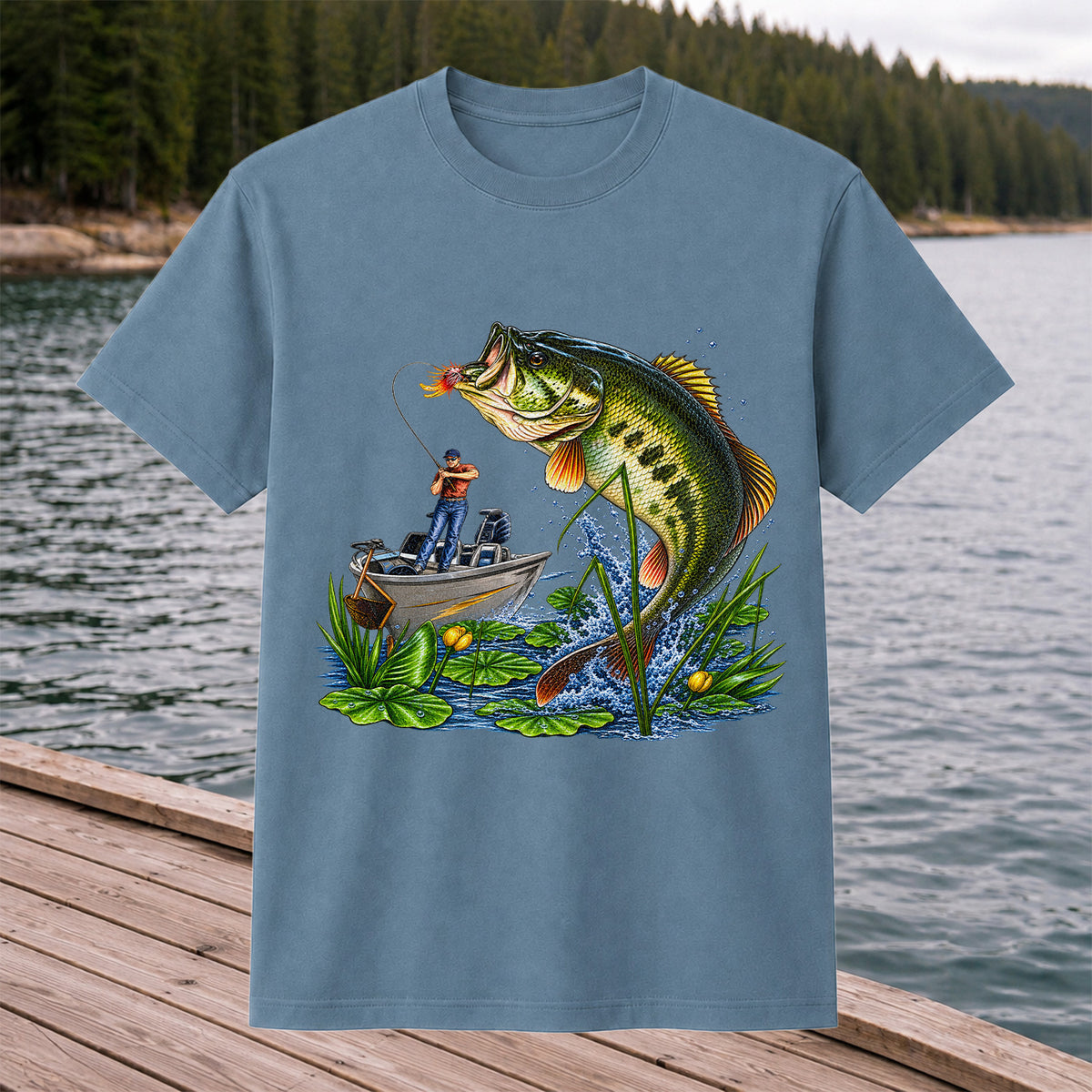 Largemouth Bass Leaping Beside Fishing Boat Graphic T-Shirt
