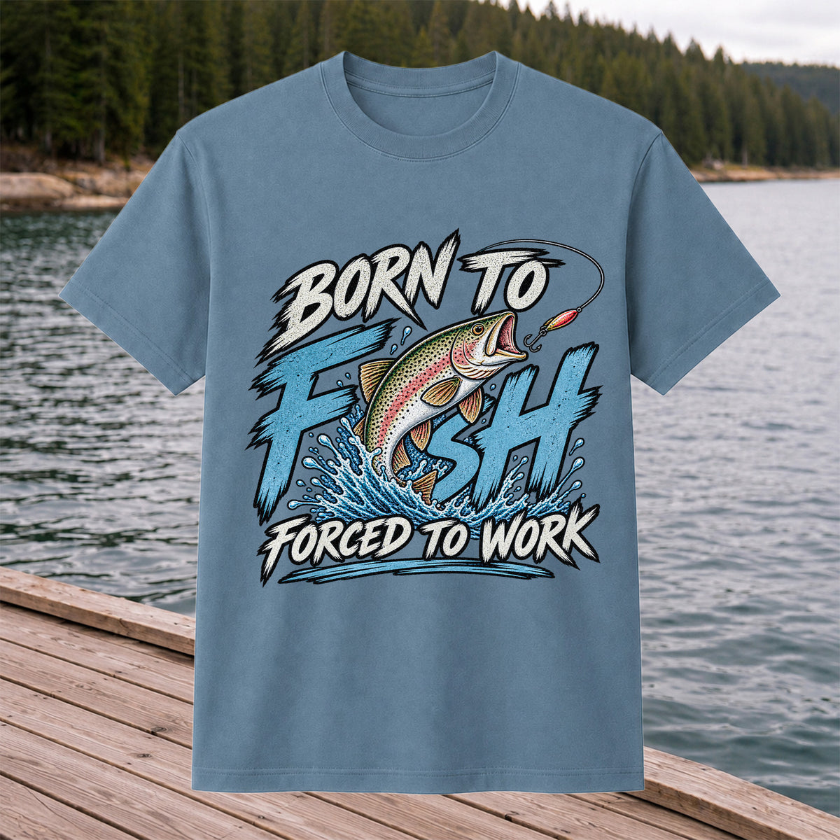 Born to Fish Forced to Work Jumping Rainbow Trout Fishing T-Shirt