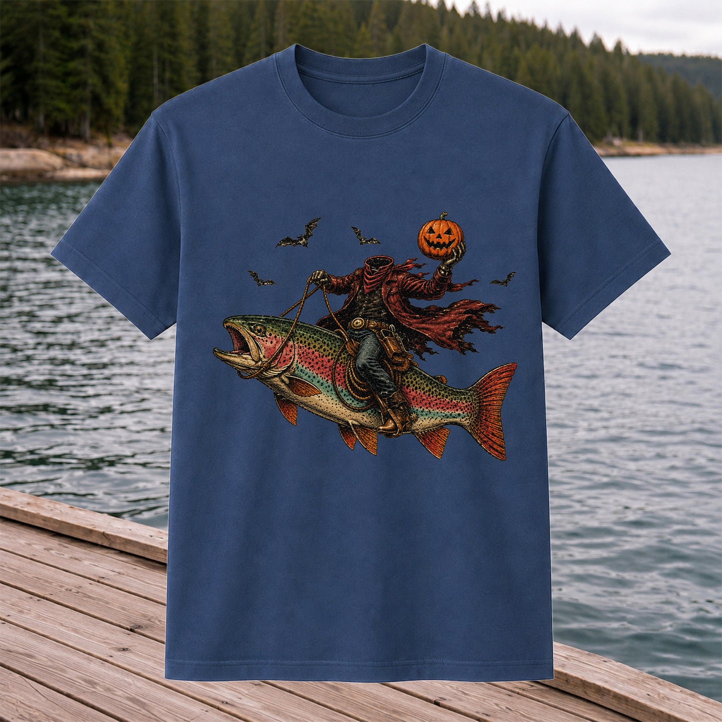 Halloween Cowboy Trout Fishing T-Shirt Pumpkin Fishing Tee