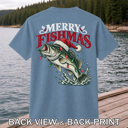 Christmas Bass Fishing Graphic T-Shirt with Santa Hat | Back Print