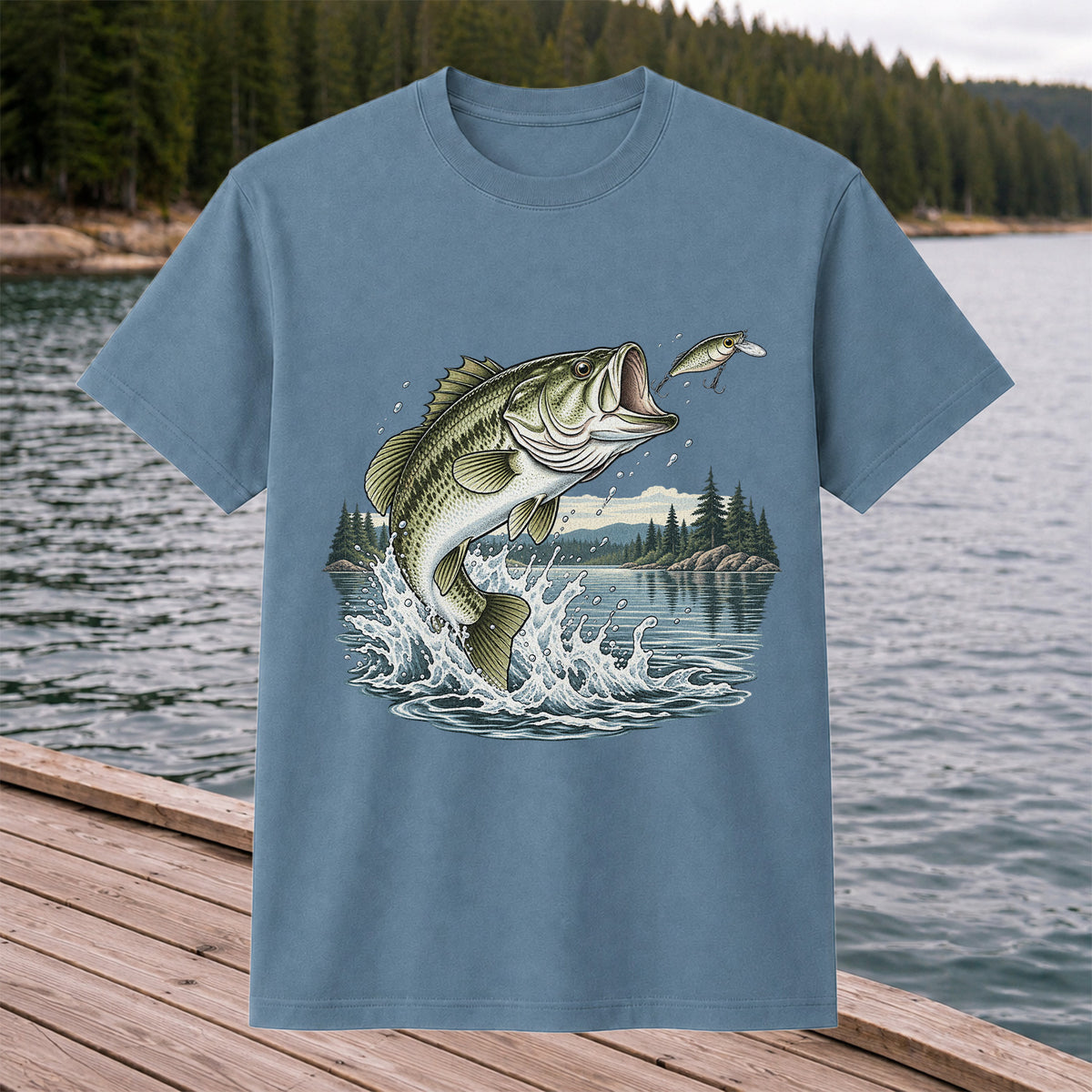 Jumping Largemouth Bass Chasing a Lure Lake Fishing Graphic T-Shirt