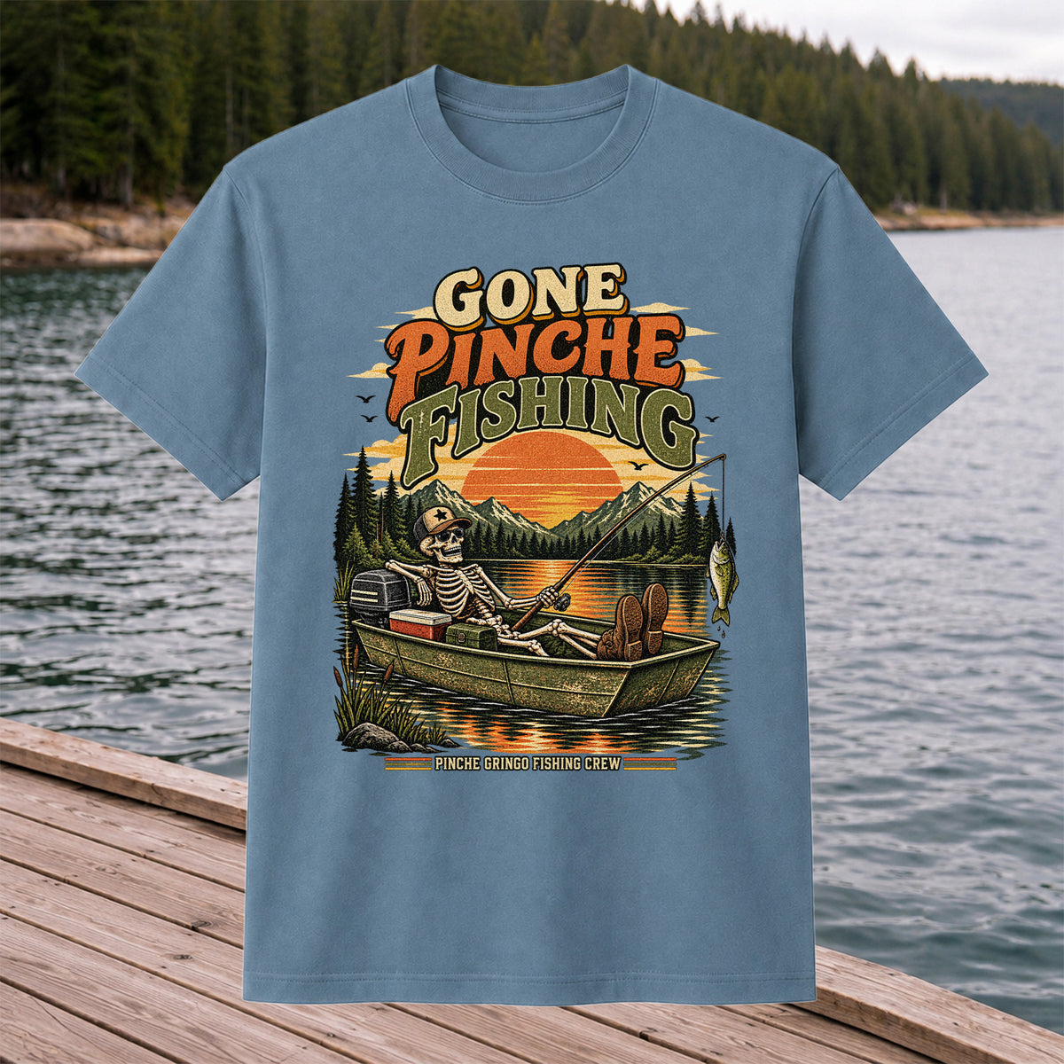 Gone Pinche Fishing Skeleton in a Boat Retro Graphic T-Shirt