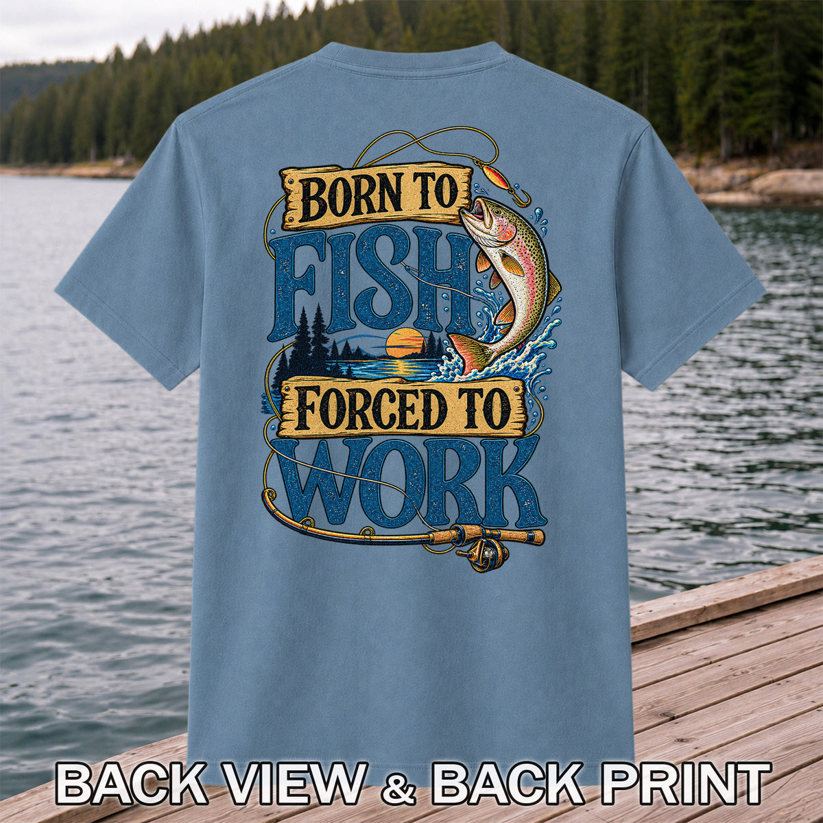 Rainbow Trout Lake Sunset Fishing Graphic T-Shirt | Back Print