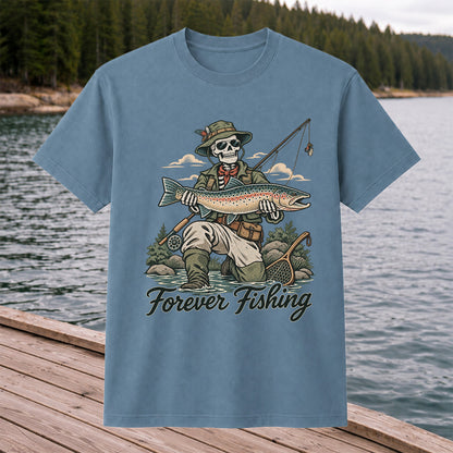 Forever Fishing Skeleton Angler Holding Rainbow Trout Graphic T-Shirt