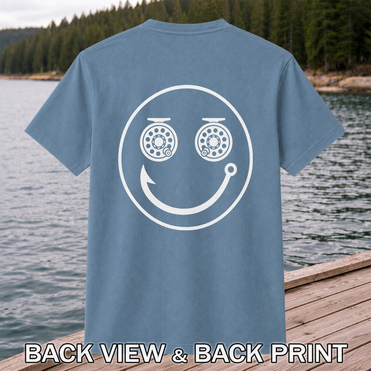 Fishing Reel Eyes Smiley Face Minimalist Graphic T-Shirt | Back Print