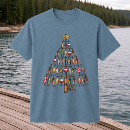 Fishing Lure Christmas Tree with Rod and Reel Graphic T-Shirt