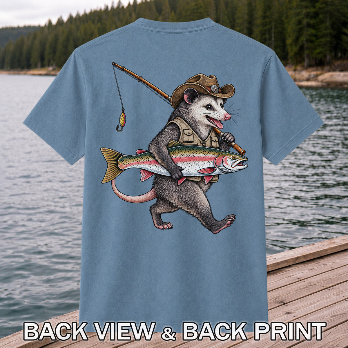 Cowboy Opossum Holding Rainbow Trout Fishing Graphic T-Shirt | Back Print