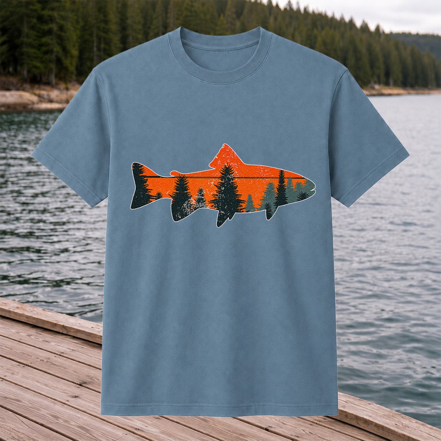Trout with Mountain Sunset and Pine Forest Fishing Graphic T-Shirt