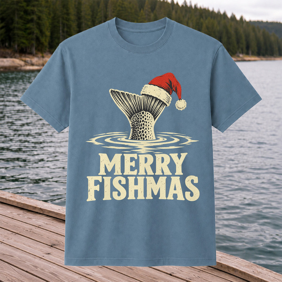 Merry Fishmas Santa Hat Trout Fishing Graphic T-Shirt