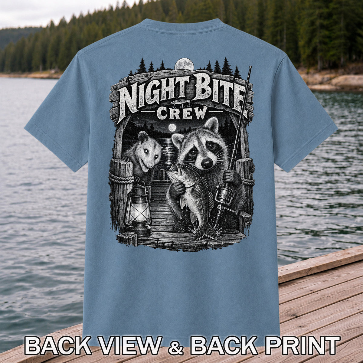 Night Bite Crew Raccoon and Bass Fishing Graphic T-Shirt | Back Print