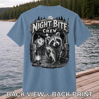 Night Bite Crew Raccoon and Bass Fishing Graphic T-Shirt | Back Print