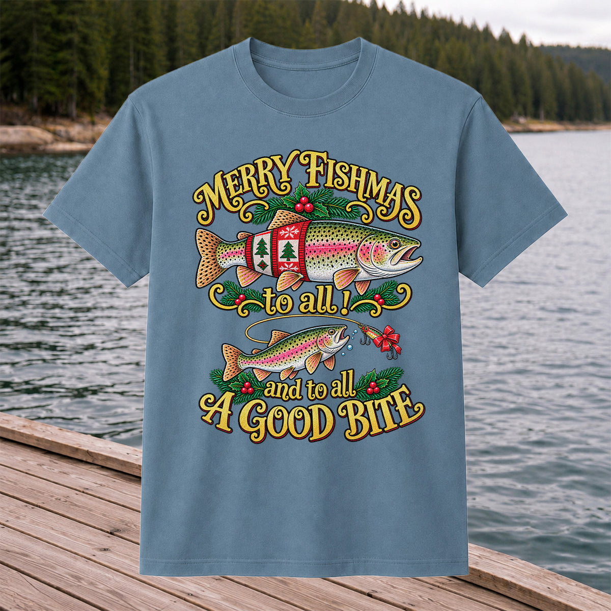 Merry Fishmas to All and to All a Good Bite Rainbow Trout Christmas Fishing T-Shirt