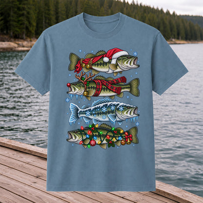 Christmas Bass with Santa Hat and Holiday Lights Fishing T-Shirt