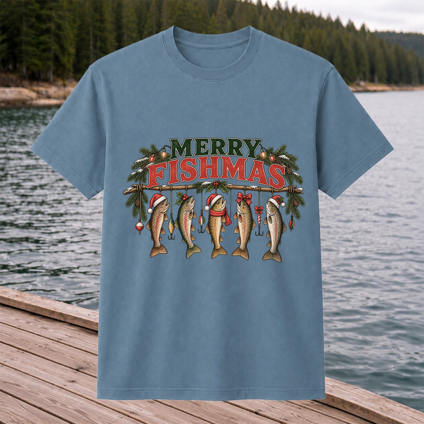 Merry Fishmas Five Christmas Trout Fishing Graphic T-Shirt