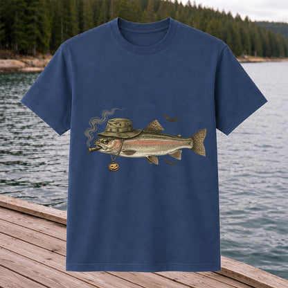 Halloween Trout in Fishing Hat with Pumpkin Charm Graphic T-Shirt