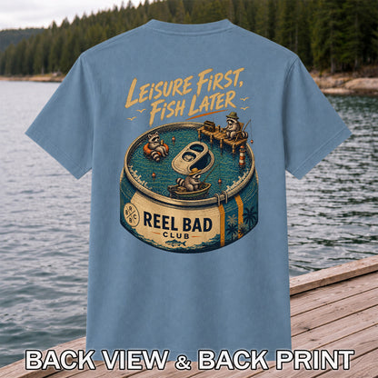 Raccoon Fishing Can Leisure Graphic T-Shirt | Back Print