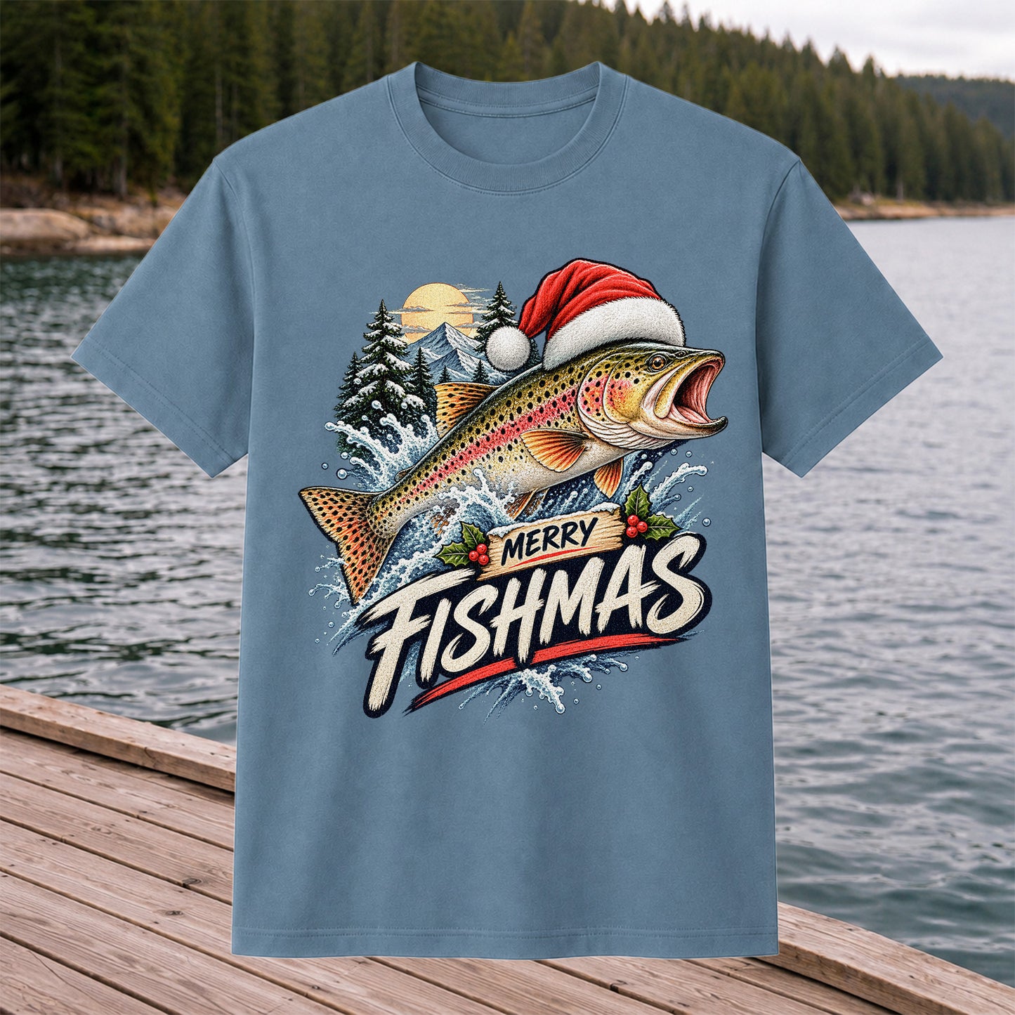Merry Fishmas Santa Hat Rainbow Trout Fishing Graphic T-Shirt