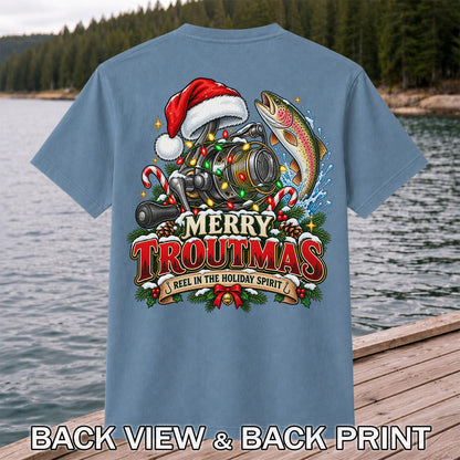 Merry Troutmas Reel in the Holiday Spirit Rainbow Trout and Fishing Reel T-Shirt | Back Print