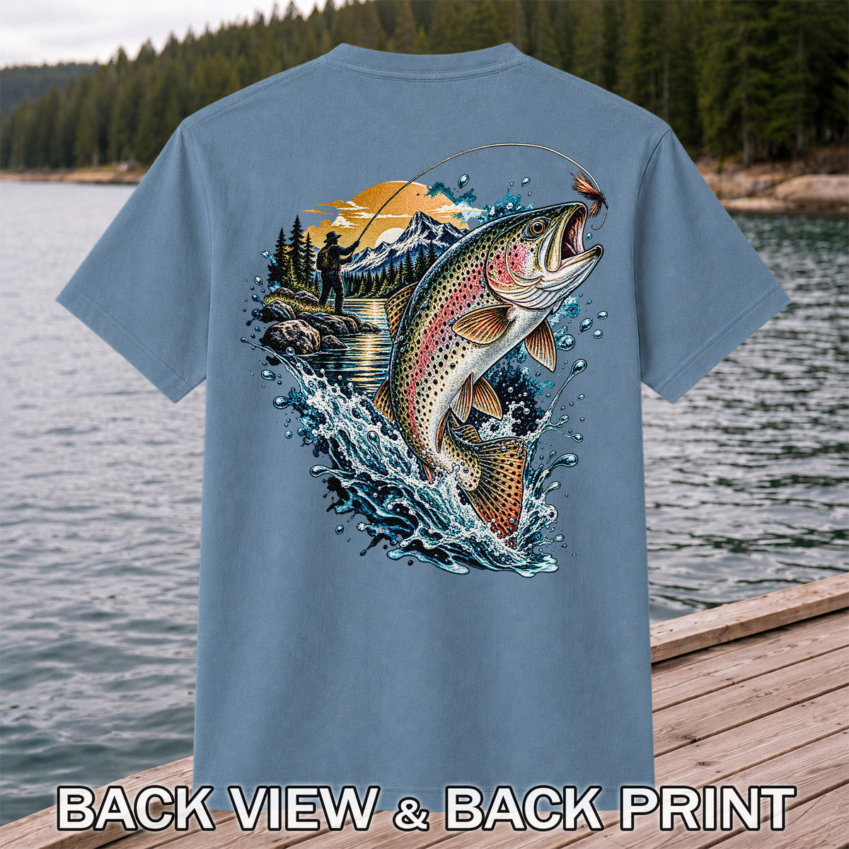 Leaping Rainbow Trout Mountain River Fly Fishing Graphic T-Shirt | Back Print