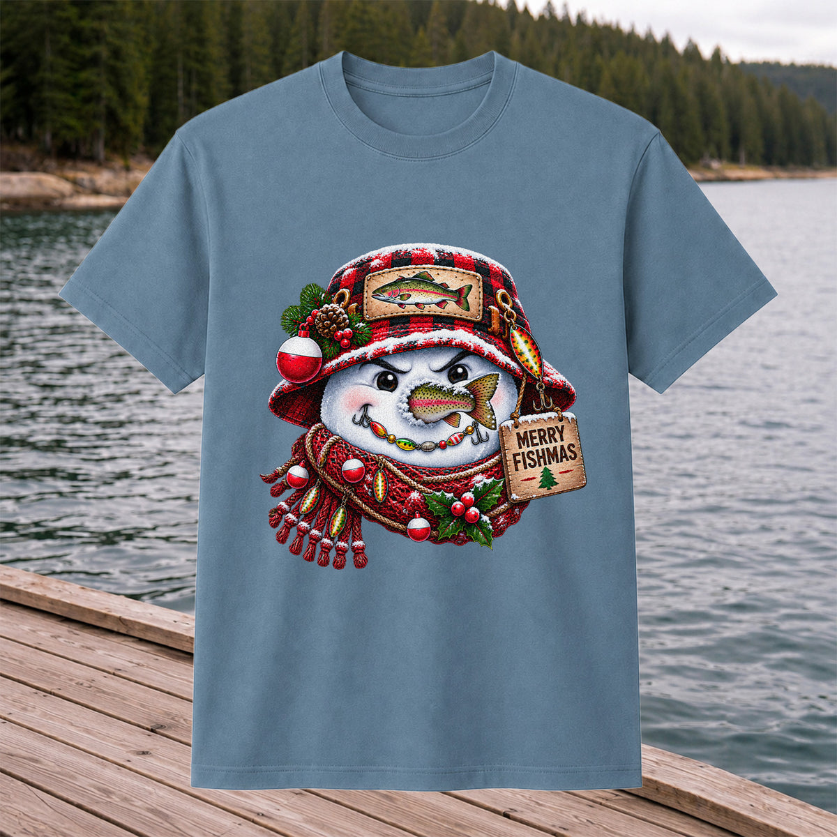 Merry Fishmas Snowman with Rainbow Trout Christmas Fishing T-Shirt