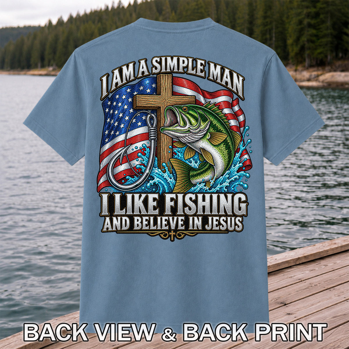 American Flag Bass Fishing Faith Patriotic Graphic T-Shirt | Back Print