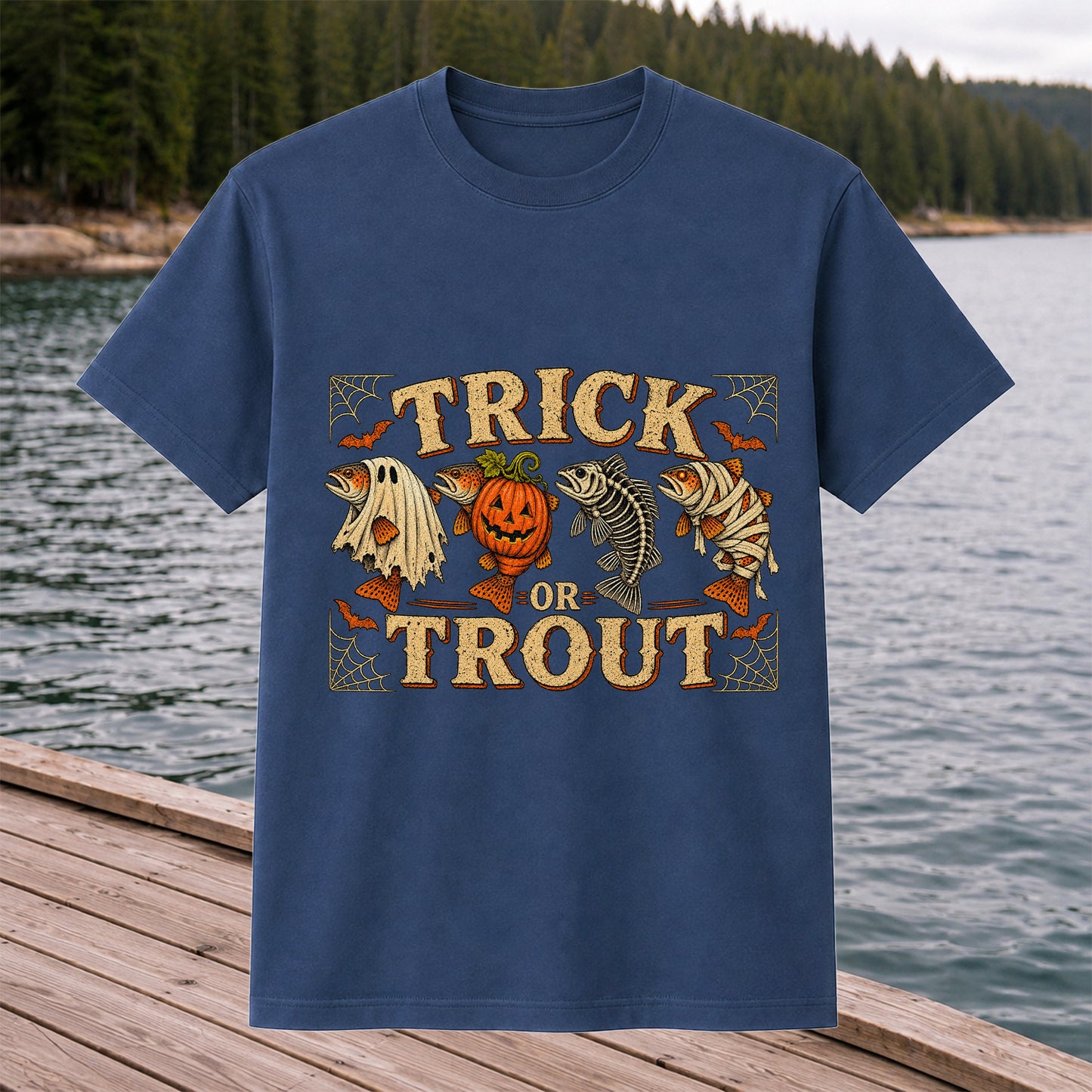 Trick or Trout Halloween Fishing Lineup Graphic T-Shirt