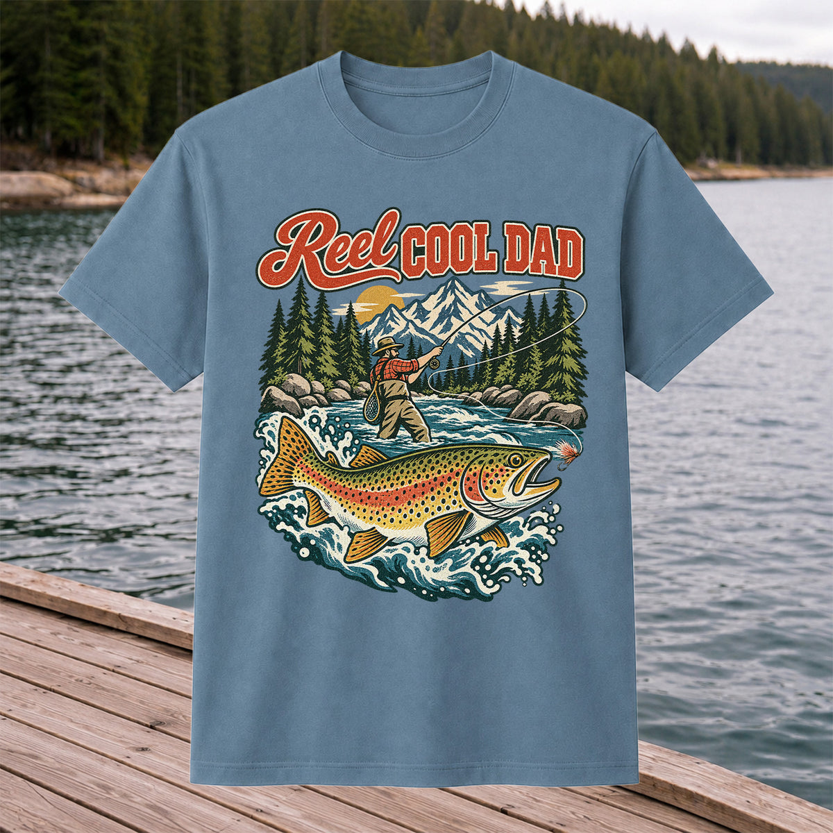 Reel Cool Dad Rainbow Trout Fly Fishing Graphic T-Shirt