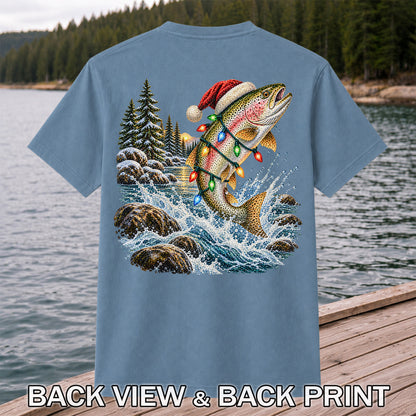 Santa Hat Rainbow Trout Christmas Fishing Graphic T-Shirt | Back Print