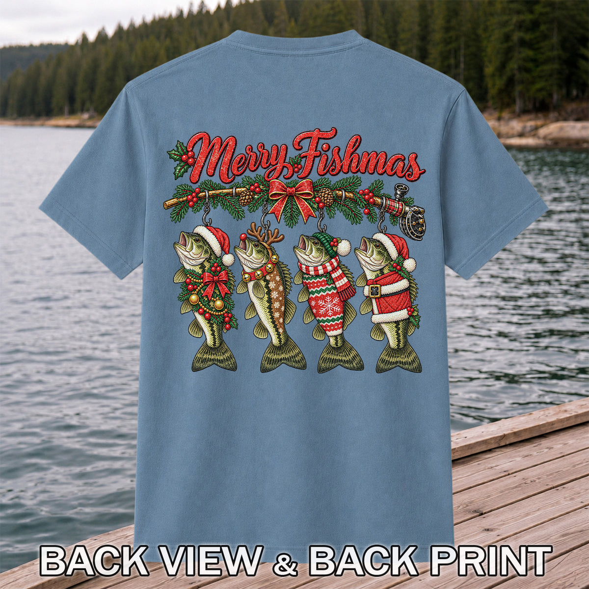 Merry Fishmas Christmas Bass Fishing Graphic T-Shirt | Back Print