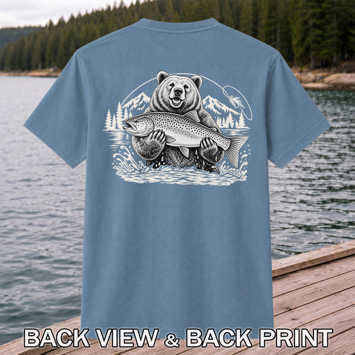 Bear Holding Trout in Mountain Lake Fishing Graphic T-Shirt | Back Print