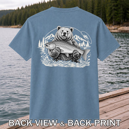 Bear Holding Trout in Mountain Lake Fishing Graphic T-Shirt | Back Print