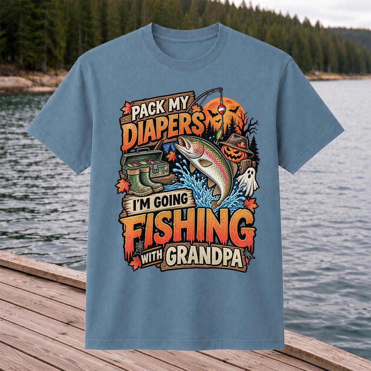 Pack My Diapers I'm Going Fishing With Grandpa Halloween Rainbow Trout T-Shirt