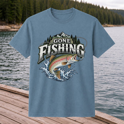 Gone Fishing Rainbow Trout and Mountains Graphic T-Shirt