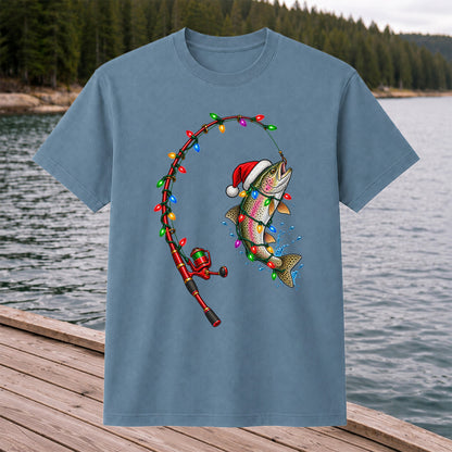 Christmas Rainbow Trout with Santa Hat and Lights Fishing T-Shirt