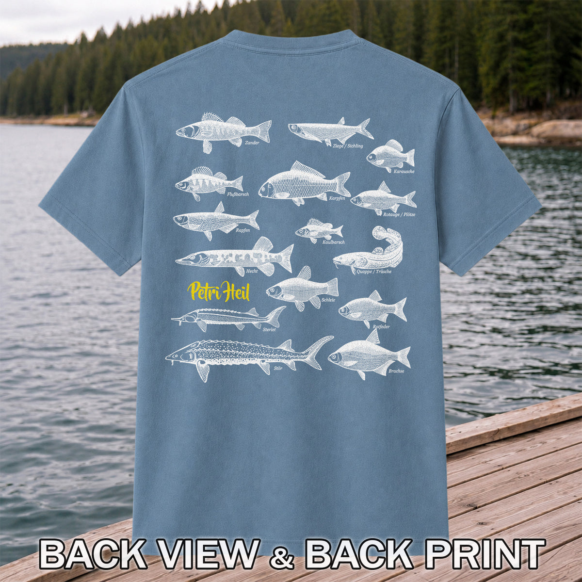 German Freshwater Fish Species Chart Fishing Graphic T-Shirt | Back Print