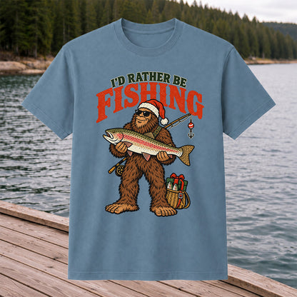 I'd Rather Be Fishing Bigfoot Holding Rainbow Trout Christmas T-Shirt