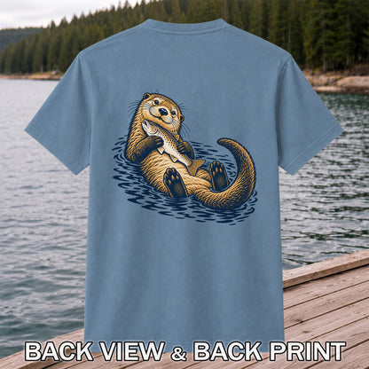 Cute Otter Holding Fish Hand Drawn Fishing Graphic T-Shirt | Back Print