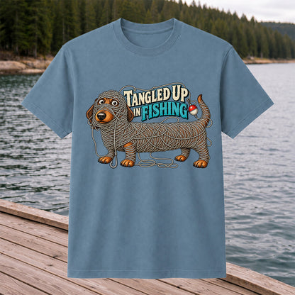 Tangled Up in Fishing Funny Dachshund Dog Graphic T-Shirt