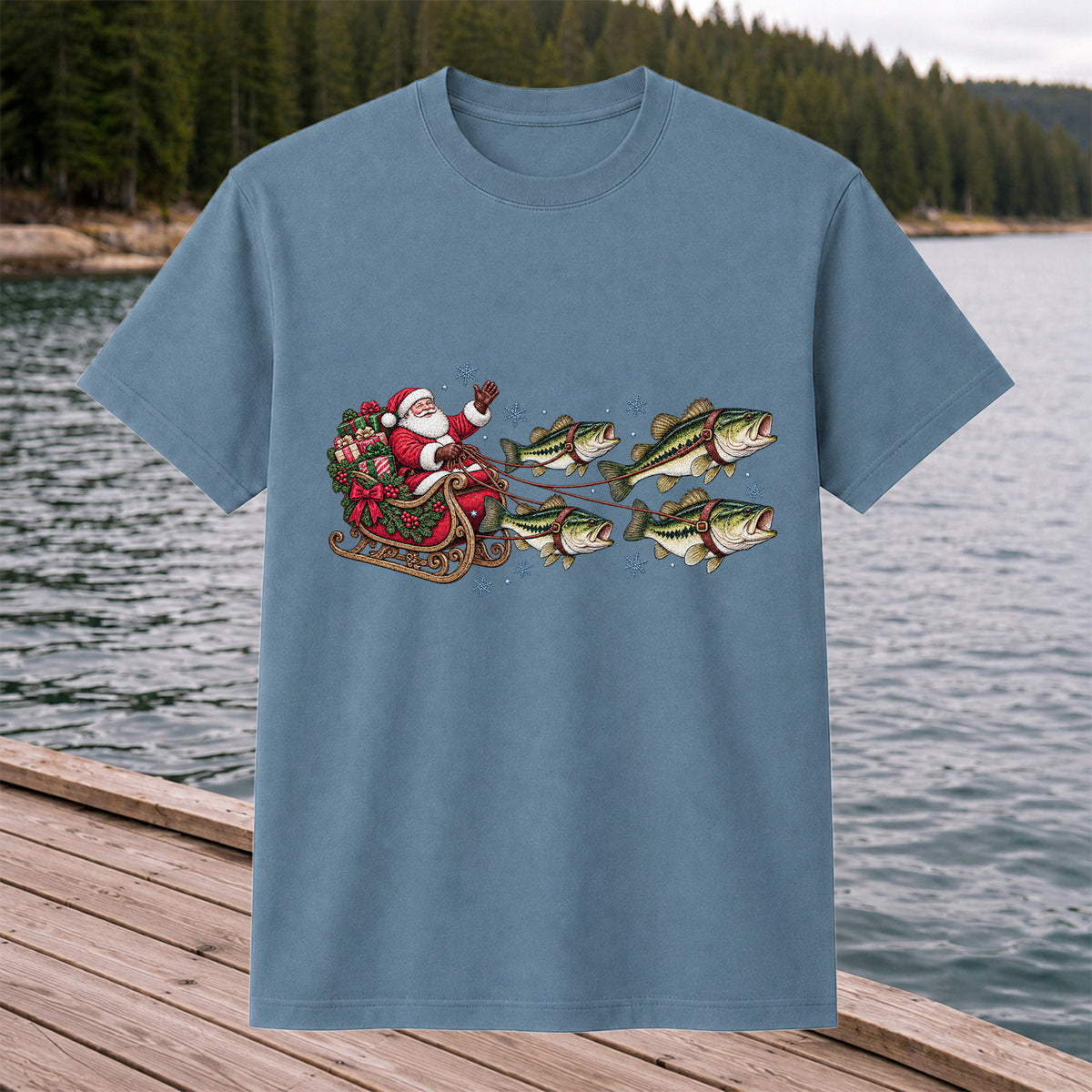 Santa in a Sleigh Pulled by Bass Christmas Fishing Graphic T-Shirt