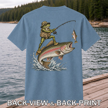Frog Angler Riding a Rainbow Trout Fishing Graphic T-Shirt | Back Print