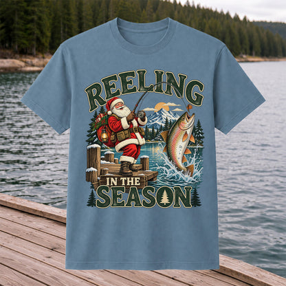 Reeling in the Season Santa Fishing for Rainbow Trout Christmas T-Shirt