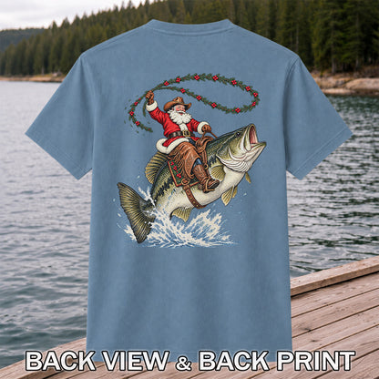 Cowboy Santa Riding a Jumping Bass Christmas Fishing Graphic T-Shirt | Back Print