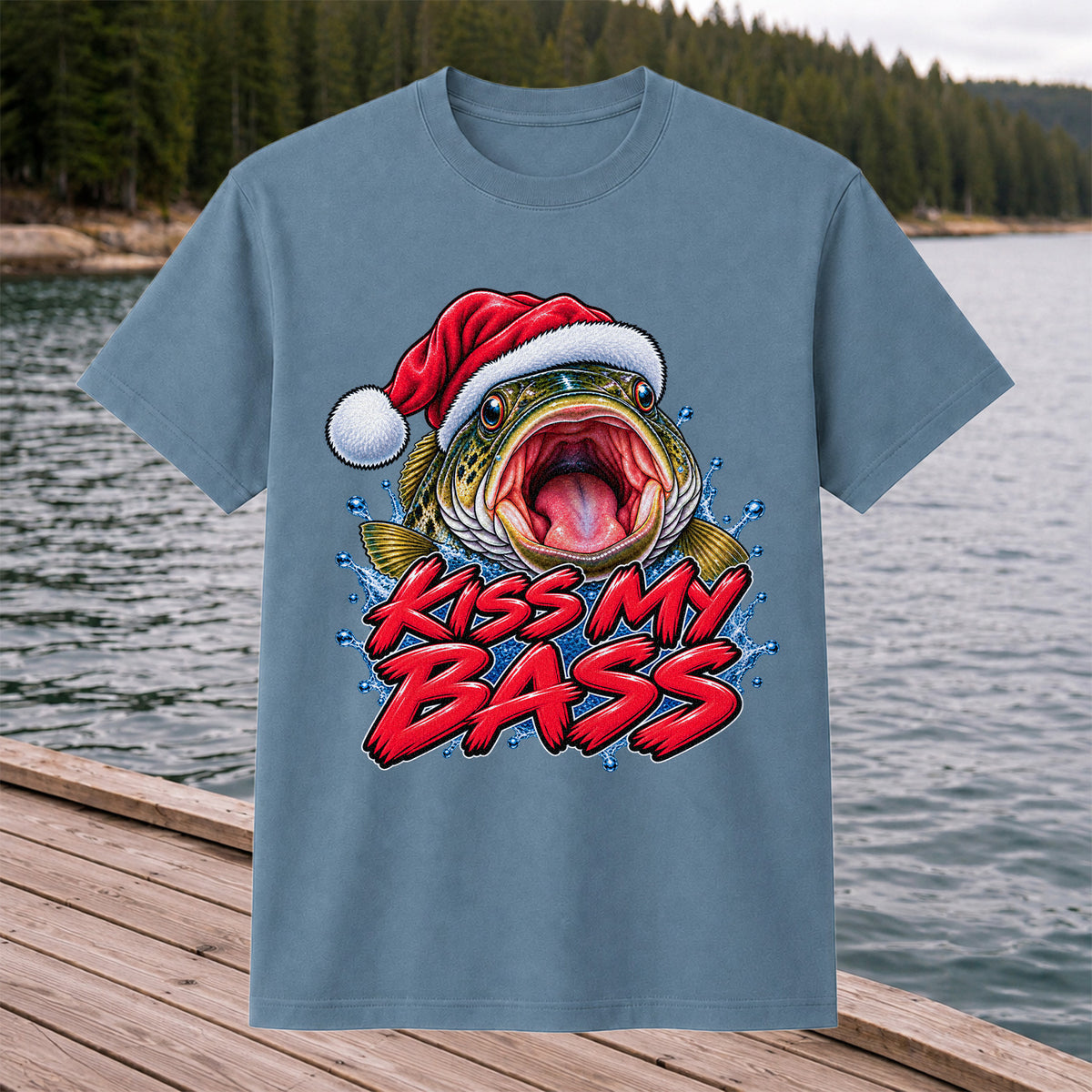 Kiss My Bass Santa Hat Funny Christmas Fishing T-Shirt