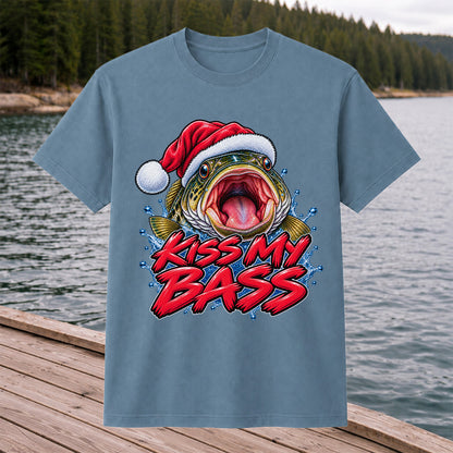 Kiss My Bass Santa Hat Funny Christmas Fishing T-Shirt