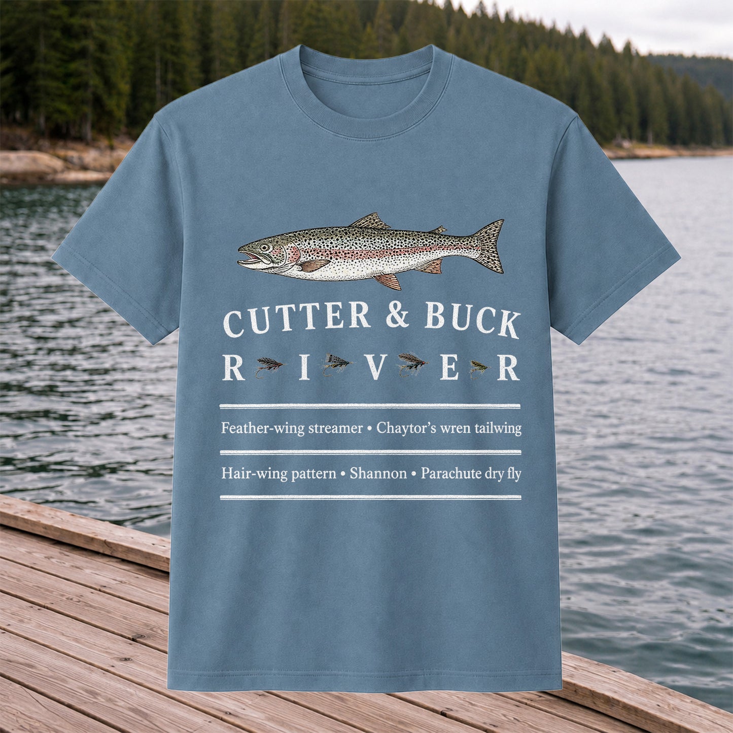 River Rainbow Trout and Classic Fly Patterns Fishing T-Shirt
