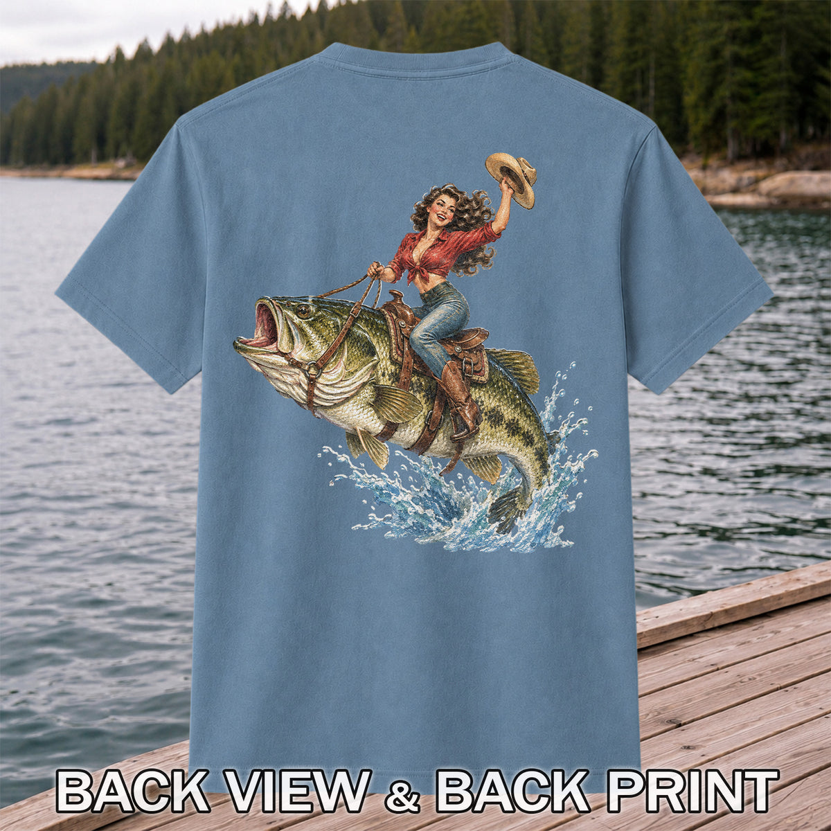 Vintage Cowgirl Riding a Largemouth Bass Fishing Graphic T-Shirt | Back Print
