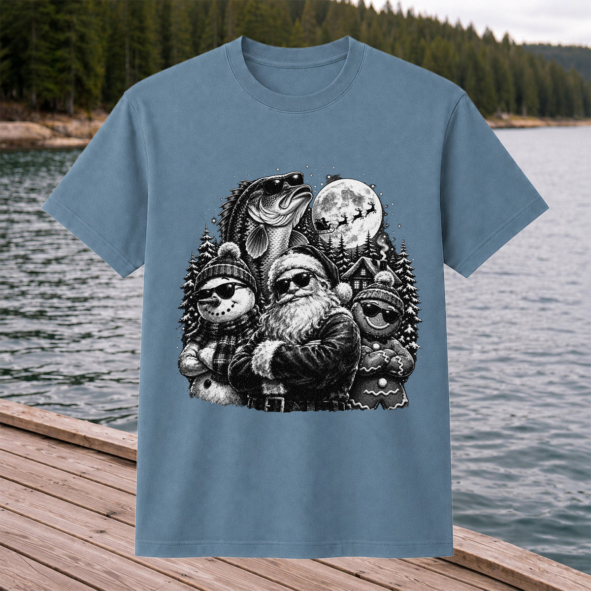 Santa Snowman Gingerbread and Bass Christmas Fishing T-Shirt