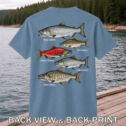 King Pink Sockeye Coho and Chum Salmon Fishing Graphic T-Shirt | Back Print