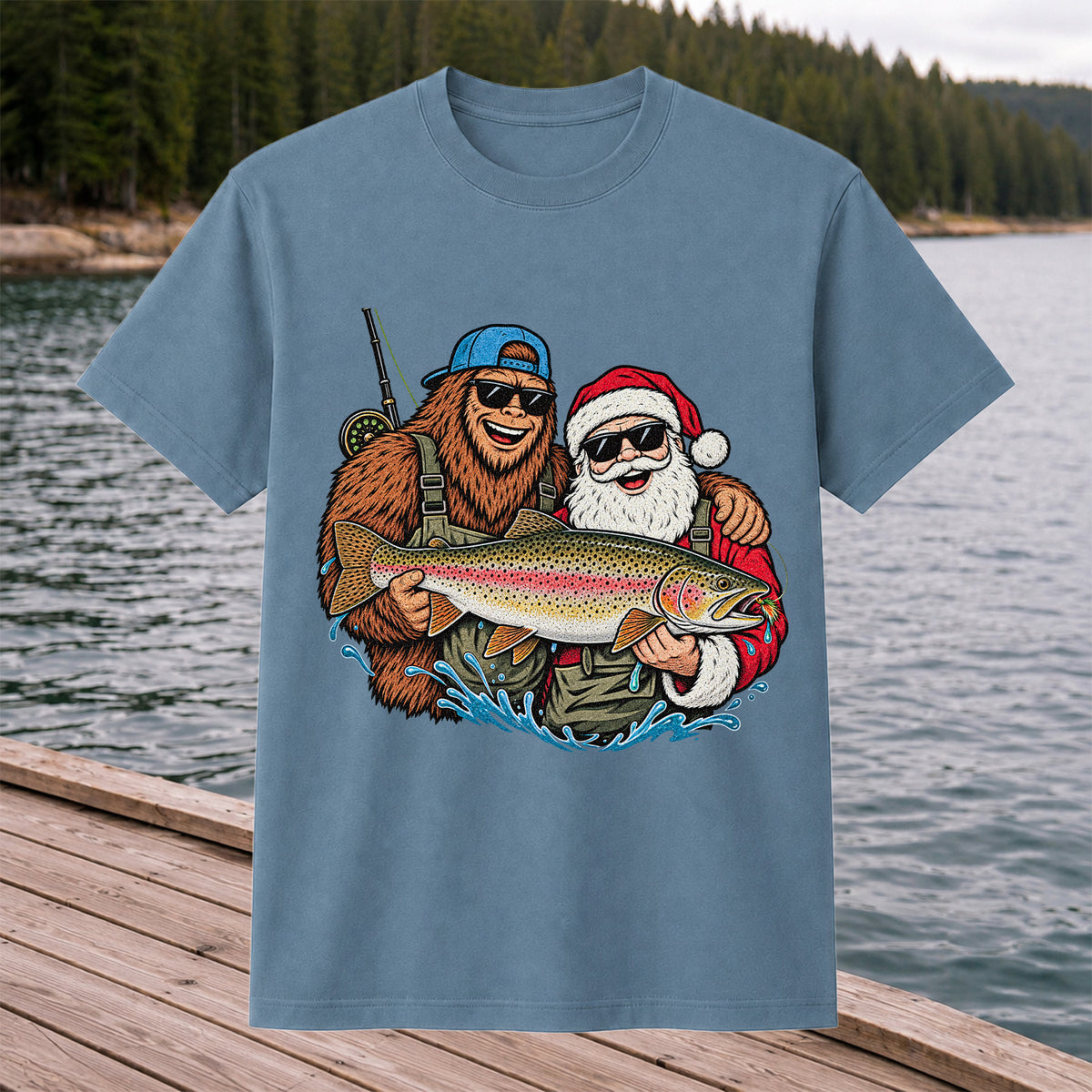 Bigfoot and Santa Holding Rainbow Trout Christmas Fishing Graphic T-Shirt